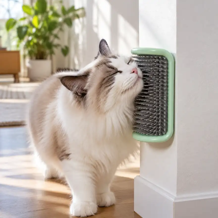 Cat Self-Groomer Wall Brush - in a real home