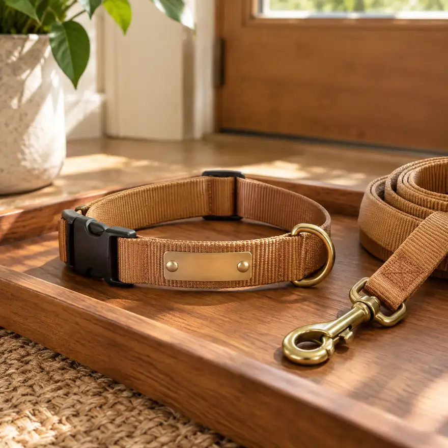 Dog Collar with Engravable Plate - in a real home